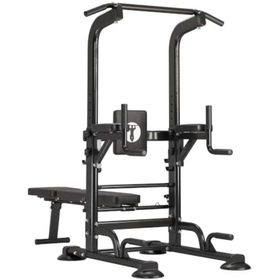 Power Tower Pull Up Bar Station with Folding Dumbbell Bench for home gym use, steel construction, black finish, space-saving fo