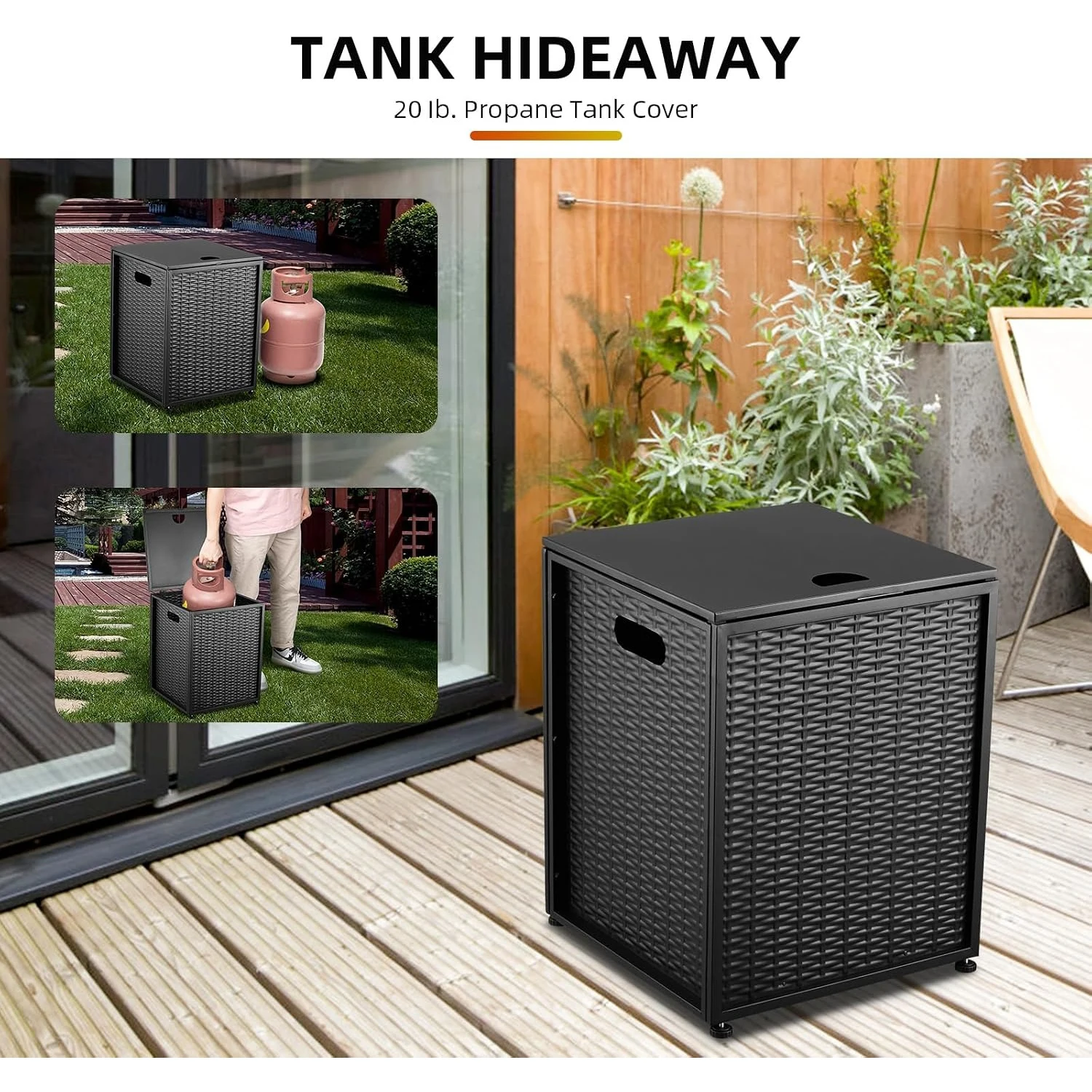 Outdoor Propane Tank Cover Side Table for Standard 20 Lb Tank Black Faux Rattan Steel Hideaway Cabinet with Top Access Side Handles and 4 Adjustable Feet for Patio Deck Fire Pit and Grill Areas