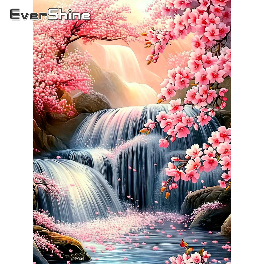 EverShine Diamant-Stickerei Landschaftsbild Strass-Mosaik Wasserfall Vollflächiges Quadratisches Gemälde Kirschblüten Wanddekoration