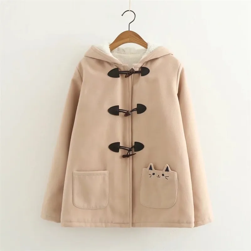 Japanese Winter Warm Hooded Jacket Kawaii Girl Cartoon Woolen Pocket Embroidery Cat Horn Buckle Coat Thick Wool Mori Girl Hoodie