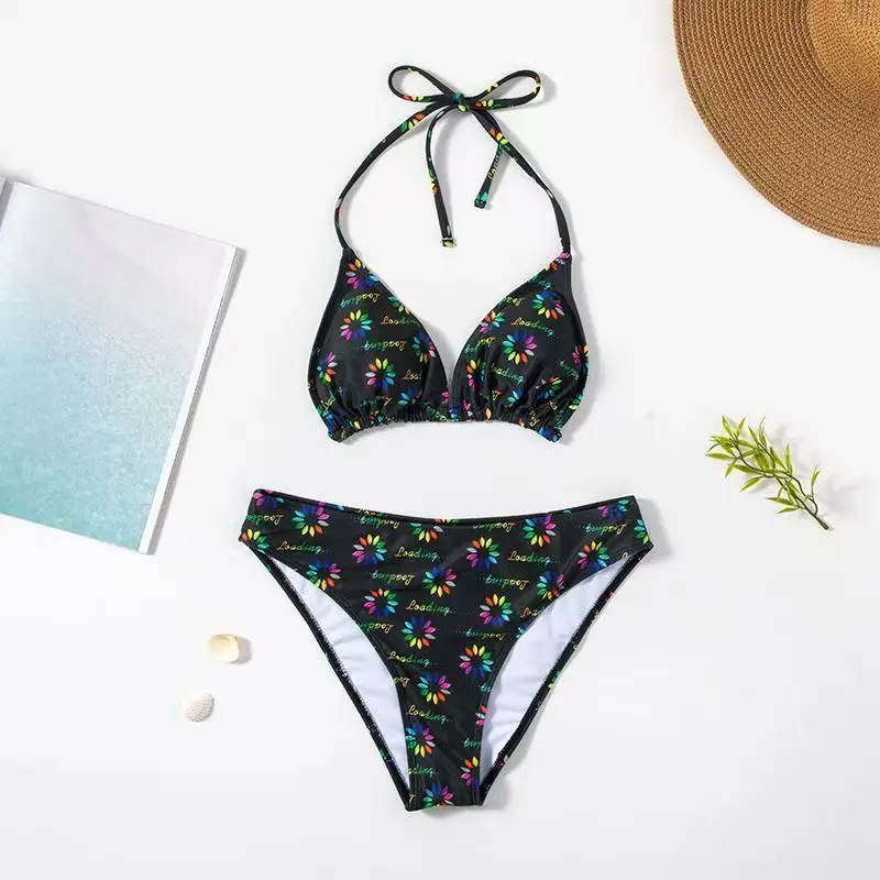 Women's Black Floral Print Bikini Set Colorful Flower Letter Halter Triangle Swimsuit High Waist Swimwear