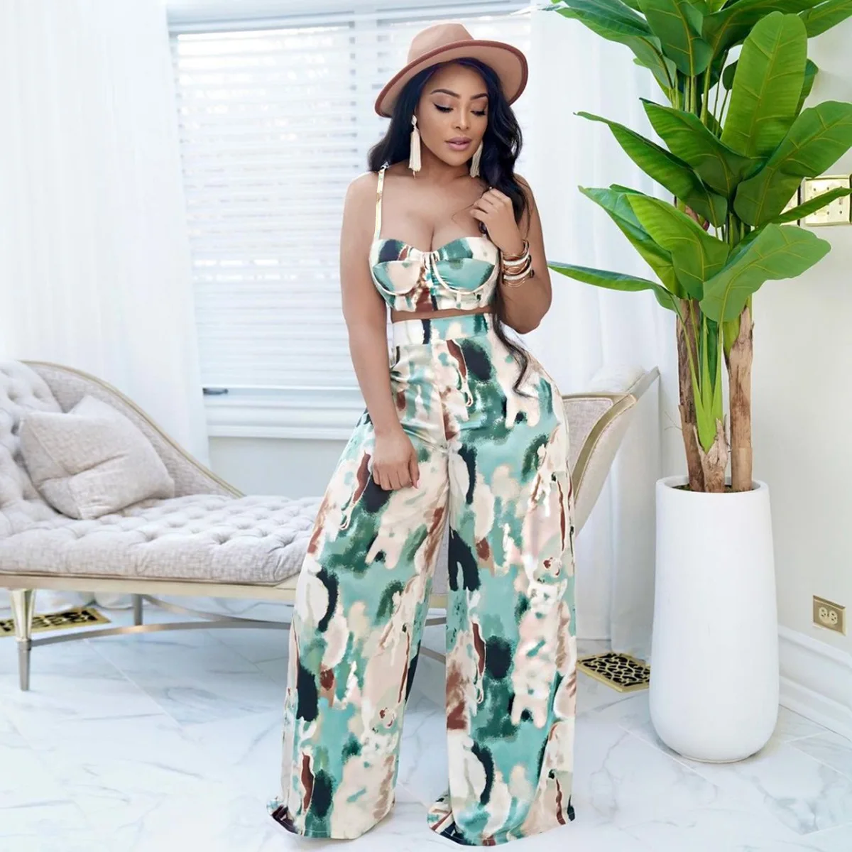 Pant Set Women Two Piece Sets Tie Dye Sling Sleeveless Print Matching Sets Backless Tops Wide Leg Long Pants High Waist Summer
