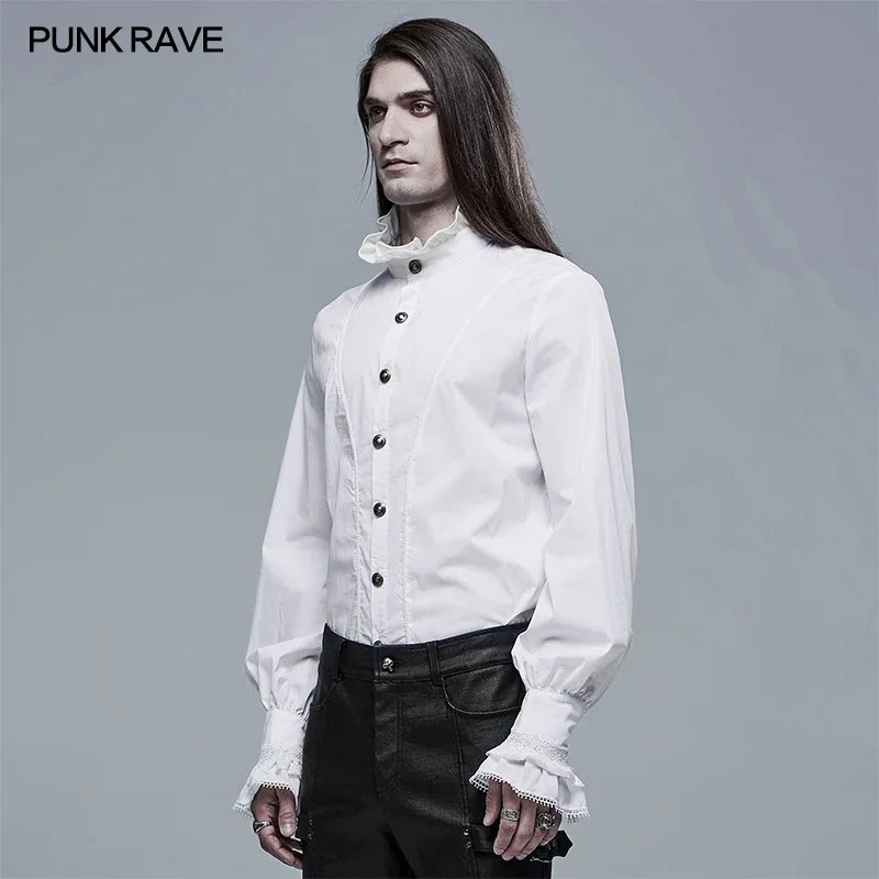 PUNK RAVE Men\'s Gothic Aristocratic Shirt Micro Elastic Cotton Woven Court Exquisite Lace Party Men Clothing 2 Colors Shirts