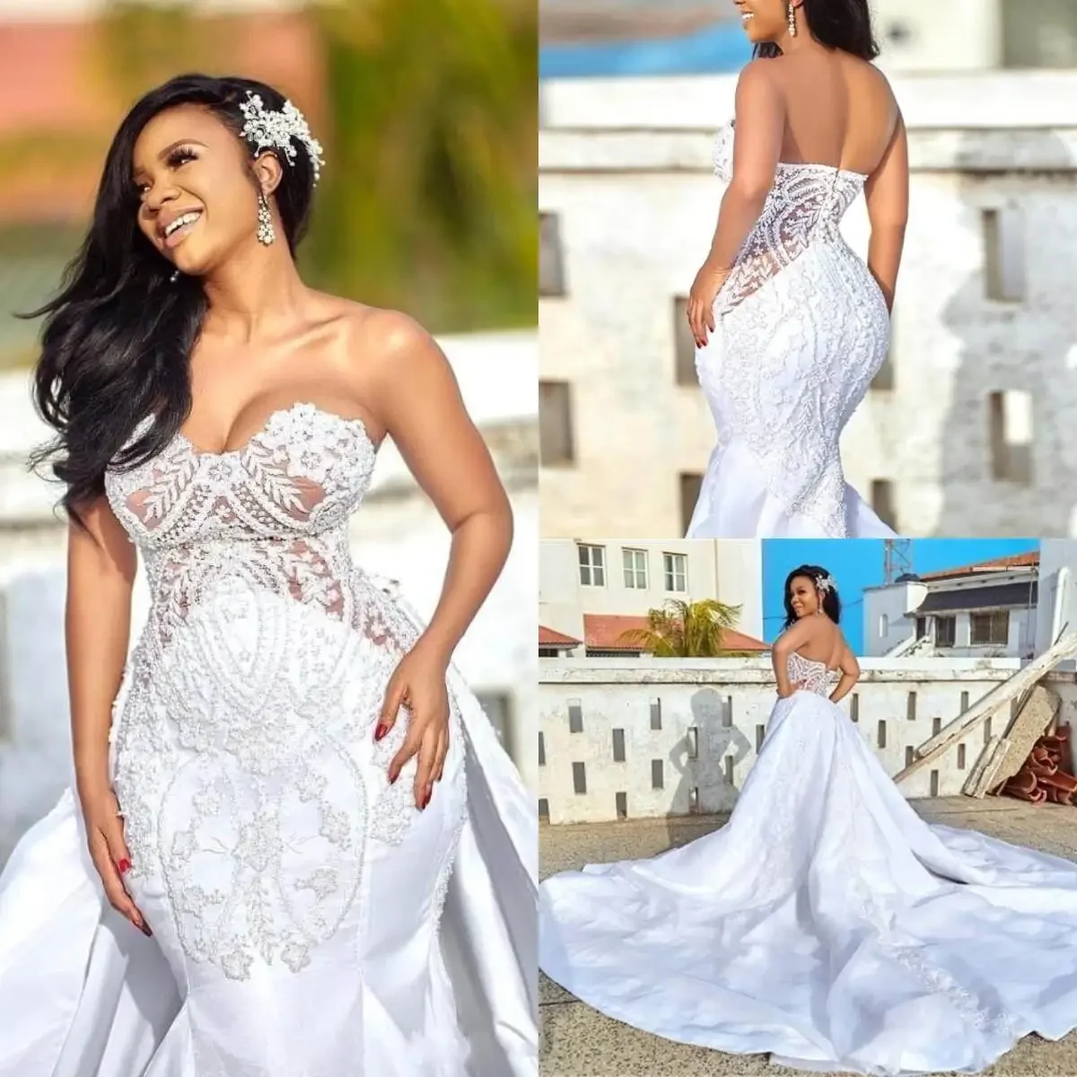 Vestidos de novia de sirena africana personalizados, vestidos de novia con falda desmontable, apliques de novia de satén, batas de talla grande D