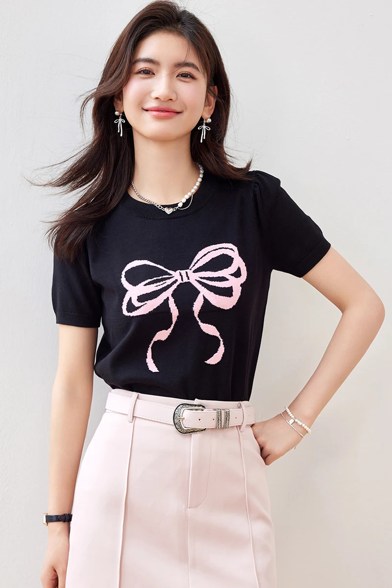 Summer Pullovrs Knitted Sweaters for Women Short Sleeve Black Tops Knitwears Casual Basics Jersey Mujer Korean Fashion Style