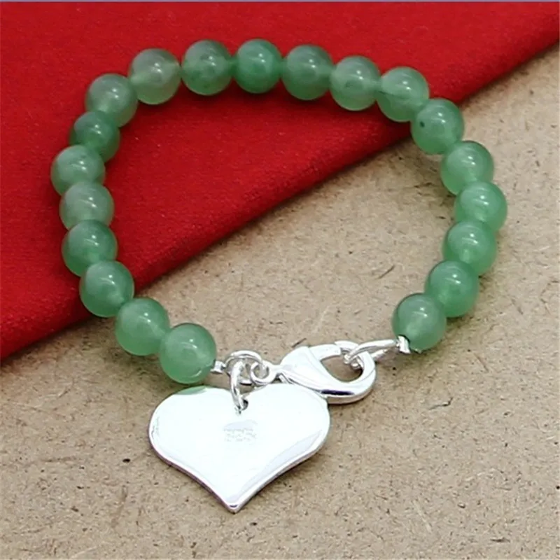 

Fashion 925 Sterling Silver Heart Pendant Green Pearl Bracelet for Women Christmas Valentine Banquet Charm Jewelry Party Gifts