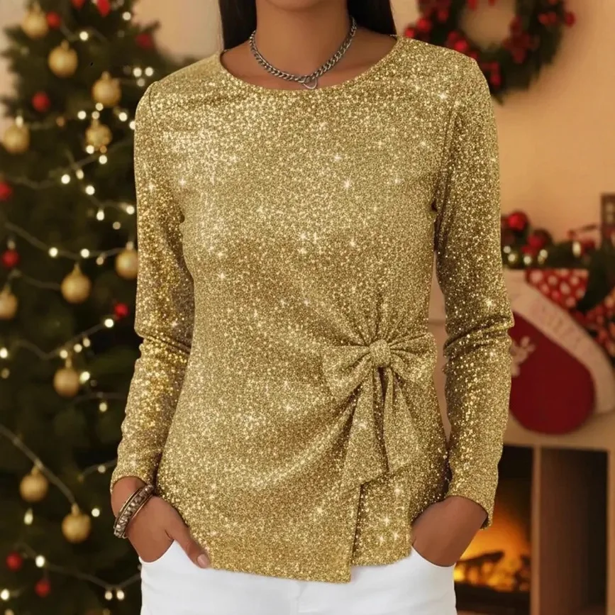 Playeras Para Mujer カジュアル ラウンドネック 長袖 エレガント イブニング レディース プルオーバー 春夏新作 オフィス 通勤 Tシャツ