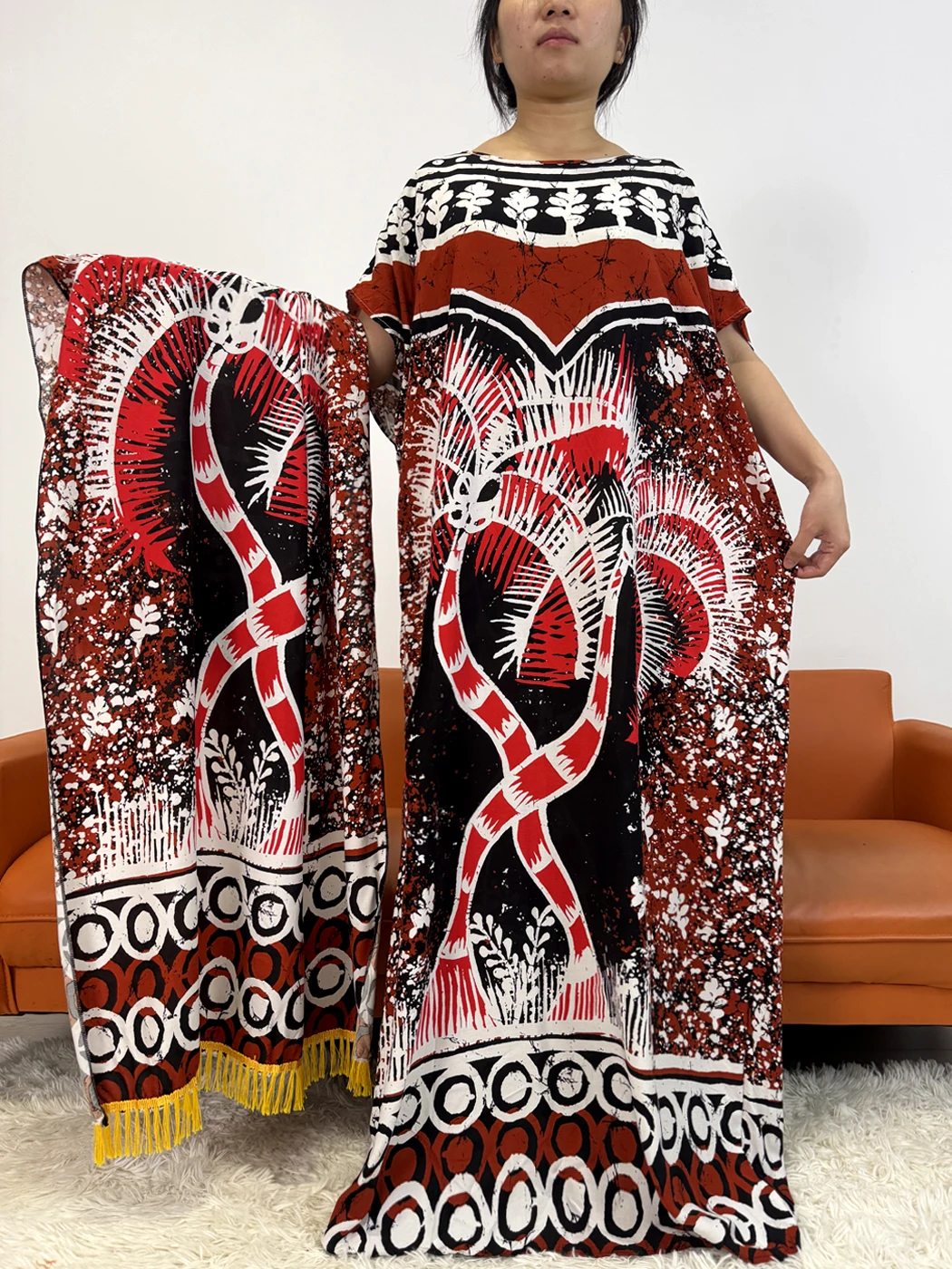 Muslim Abayas For Women 2025 Printed Cotton Loose Femme Robe African Dresses Nigerian Novelty Clothes With 160x80cm Lace Scarf