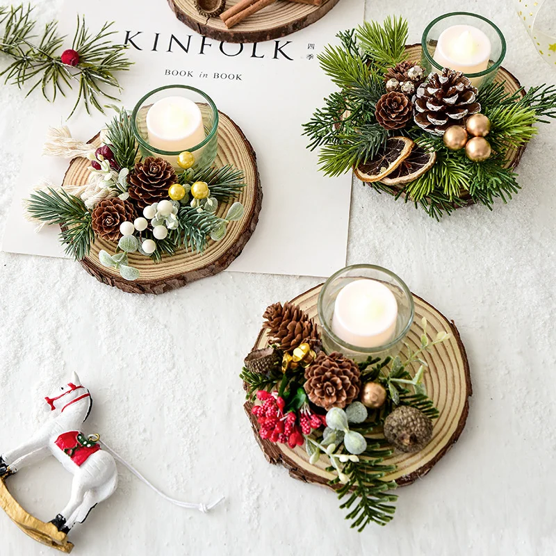 Christmas Ornament Red Berries Pinecone Candle Holders Wreath Candle Holders For Table Centerpiece Traditional Table Decorations