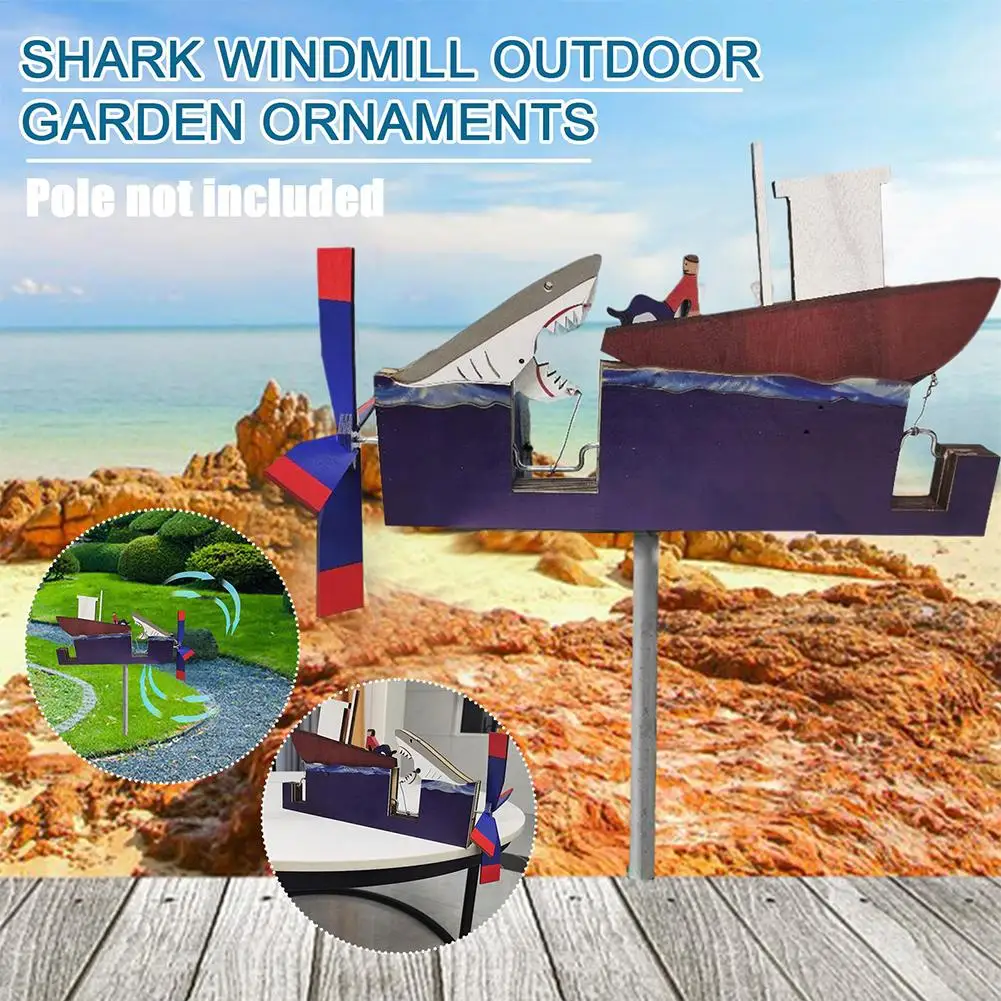 2024 New High Quality Shark Windmill Outdoor Garden Courtyard Ornaments Pine Wood Crafts Shark Windmill Decoration