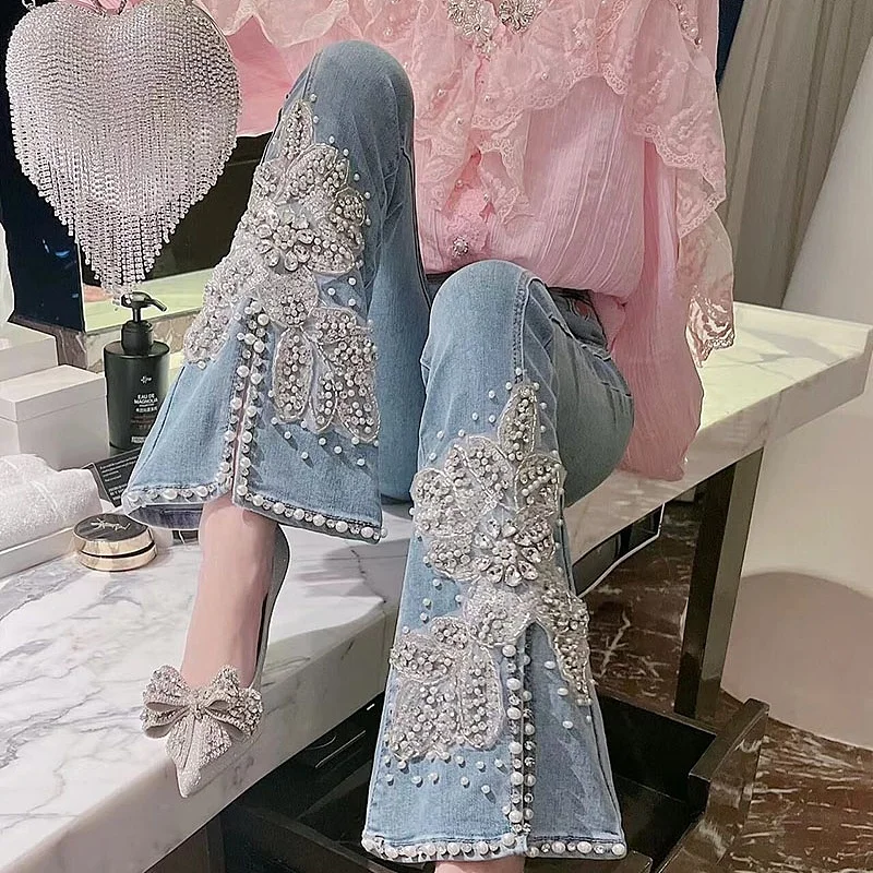 Women Floral Embroidery Diamonds Beaded Jeans High Waisted Slim Slightly Flared Slit Pearls Beaded Denim Pants Cowboy Trousers