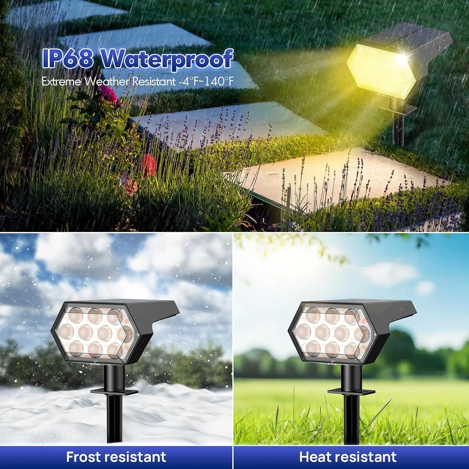 Outdoor Solar Spot Lights, IP68 Waterproof, 1000 Lumens, 3 Modes, Auto Sensor, Easy Installation (4 Pack)