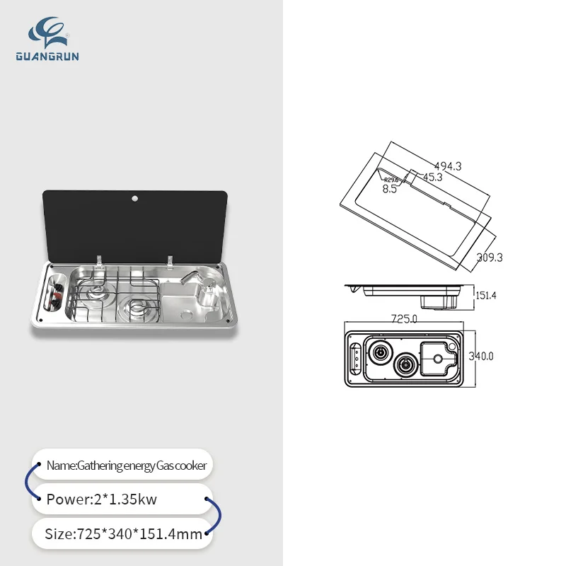 High quality two burner gas hob and sink combination unit for RV motorhome caravan camper-van yacht kitchen 725x340x151.4mmmm