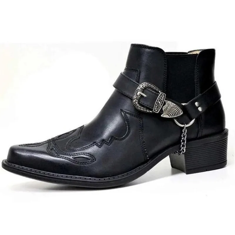 Designer Leather Men Ankle Boots Chelsea Boots Thick Heel Pointed Metal Decoration Belt Buckle Boots Cowboy Shoes boots 38 48