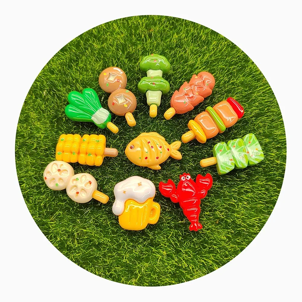 Kawaii Simulation Barbecue Skewer Lobster Beer Vegetables Resin Flatback Cabochon Food Craft Dolly House Kitchen Supplies