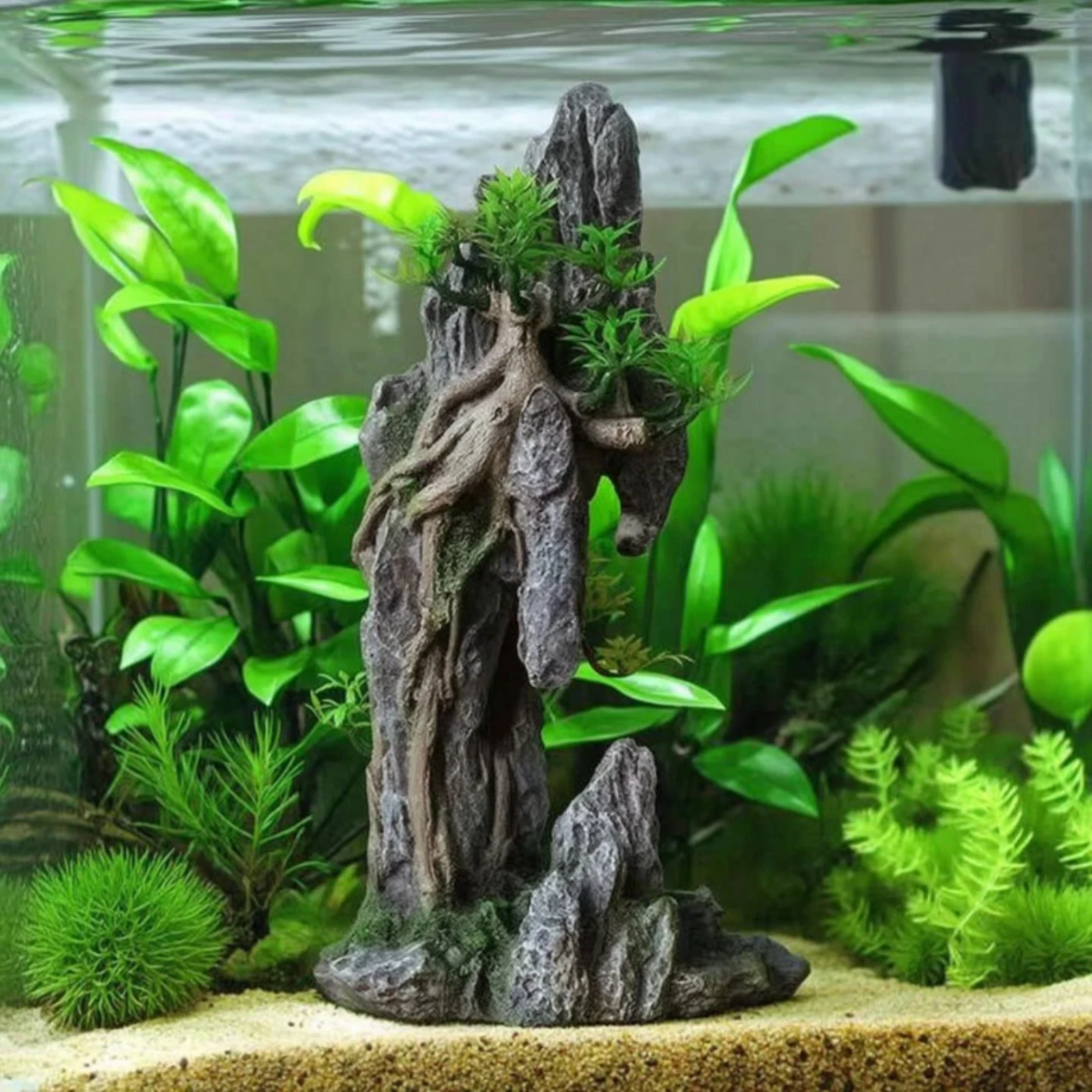 Aquarium Mountain with Plants Textured Aquatic Tank Cave with Plants Mountain Cave Decoration Lifelike Multi-Hole for Aquariums