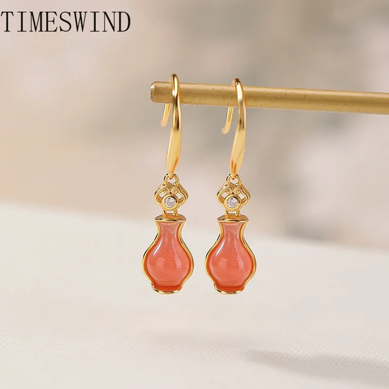 TIMESWIND Original Red Agate Ruyi Bamboo Leaf Vase S925 Silver Women Fashion Jewelry Earrings with Certificate