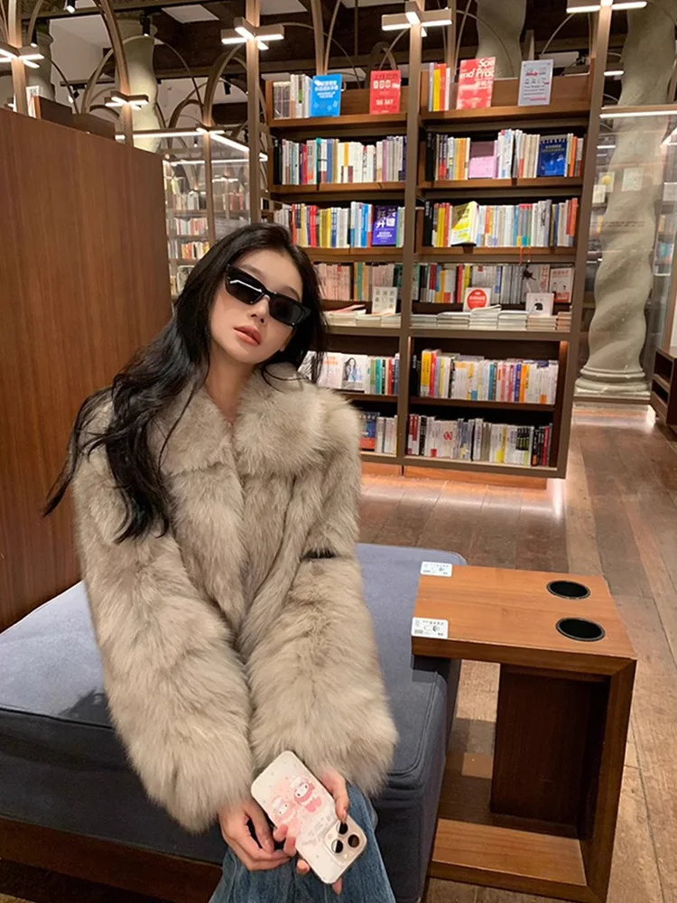 Faux Fur Coats Women Fur Jackets Solid Turn Down Collar Long Sleeves Open Stitch Thick Warm Fur Loose Casual 2025 Autumn Winter