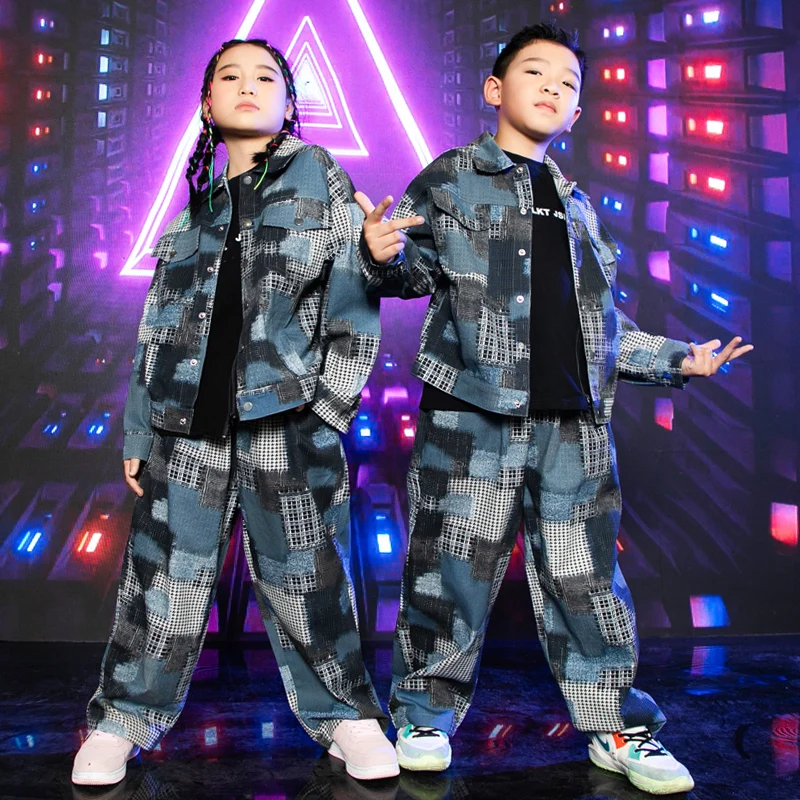 2022 Fashion Kids Street Wear Hip Hop Dance Costume Girls Jazz Performance Clothing Boys Drum Concert Outfit Denim Suit BL9645