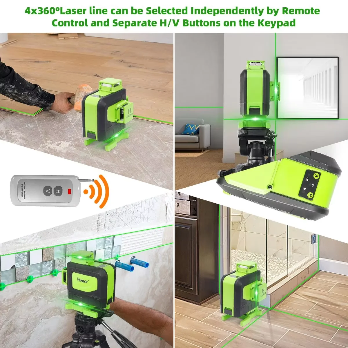 Huepar 4D 16 Lines Cross Line Laser Level Green Beam 4x 360 °Laser Lines With Remote Control  Li-ion battery For Tiles Floor