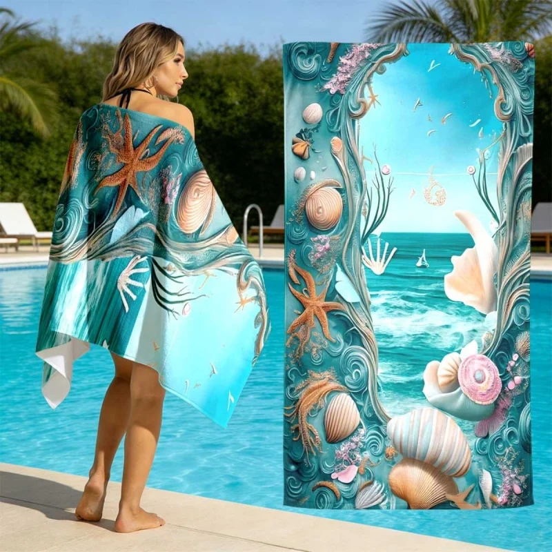 Newest Ocean Shell Starfish Print Microfiber Beach Towel Quick Dry Sand Resistant Large Swimming Pool Bath Towel