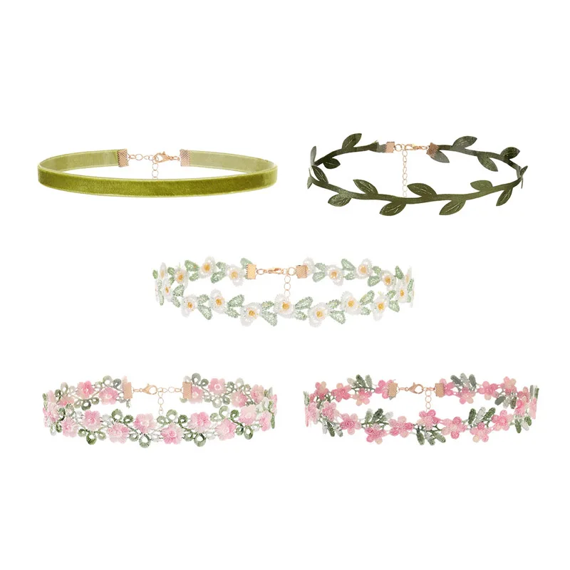 5 Pieces Women's Velvet Choker Necklace Set with Daisy Flower Leaf Heart Lace - Sexy Lady Jewelry Accessories Gift for Girls
