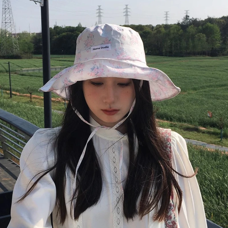 Fresh Floral Lotus Leaf Edge Strap Women\'s Caps Spring and Summer Big Brim Show Face Small Sweet and Cute Sunscreen Bucket Hat