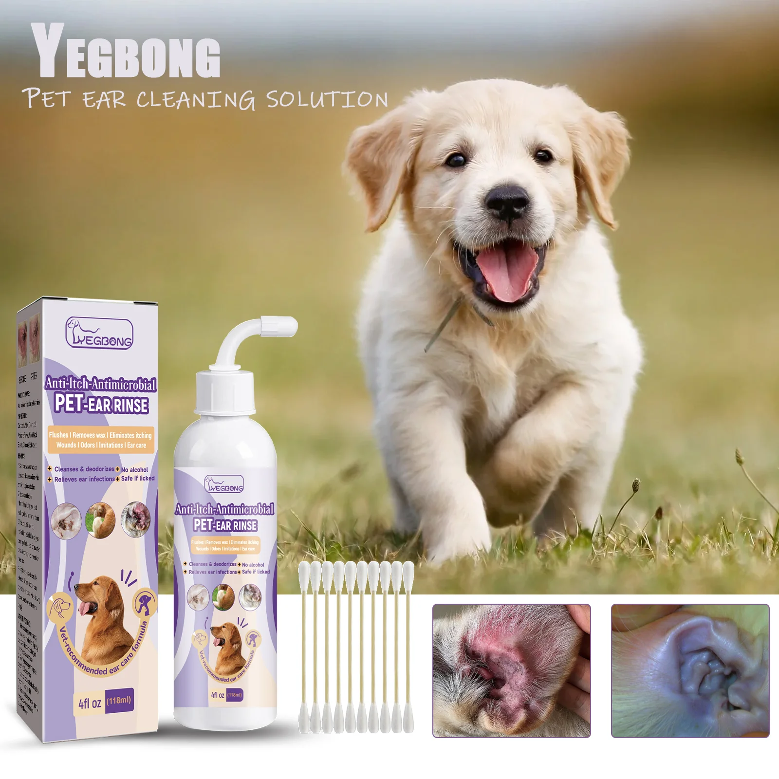 

Очиститель ушей Yegbong-Pet для кошек и собак, естественное решение, капля для мытья ушей, облегчение зуда запаха, средство от ушной серы и клещей