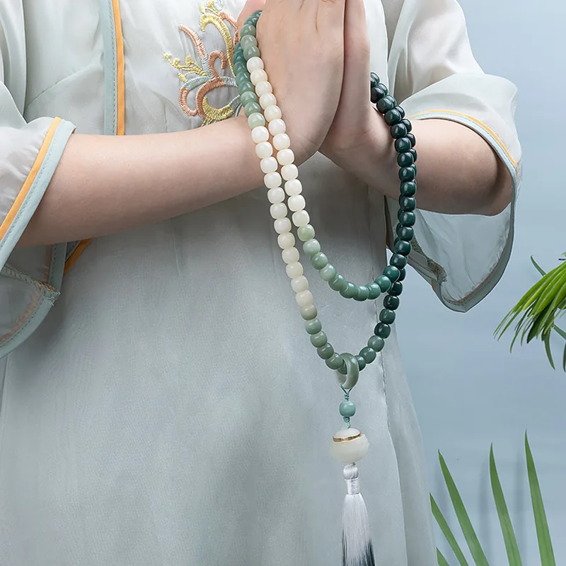 Natural Bodhi Root Bracelet Green Lotus Yanyu Hand-held Tassels for Men and Women's Gift Chinese Buddha Bead HandString Wen Play
