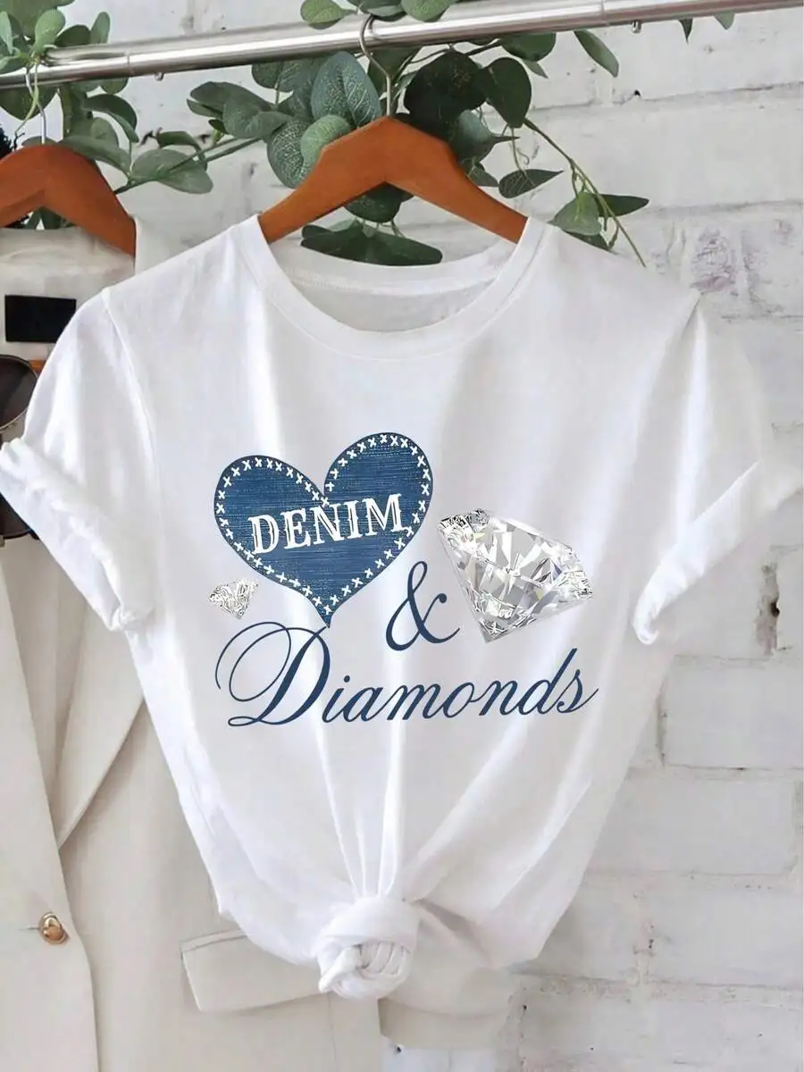 

Womens Denim Heart And Diamond Print Round Neck Short Sleeve Casual T-Shirt