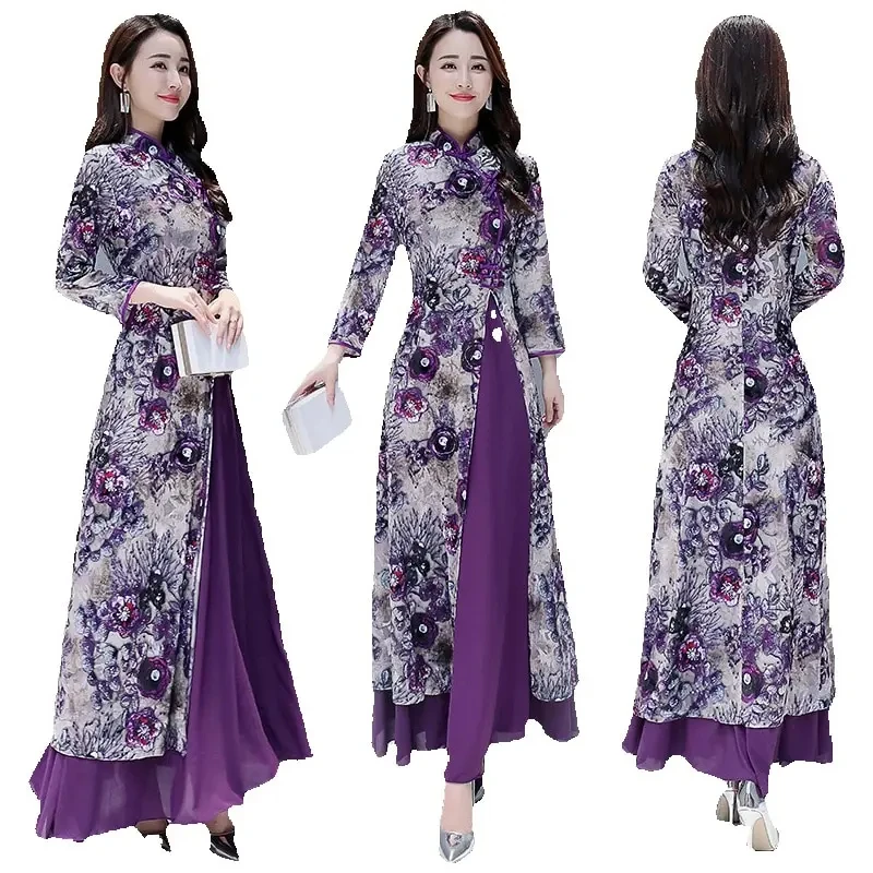 

Women Asian Costume Vietnam Ao Dai Vintage Graceful Clothing Ethnic Long Gown Purple Oriental Dress Improved Cheongsam