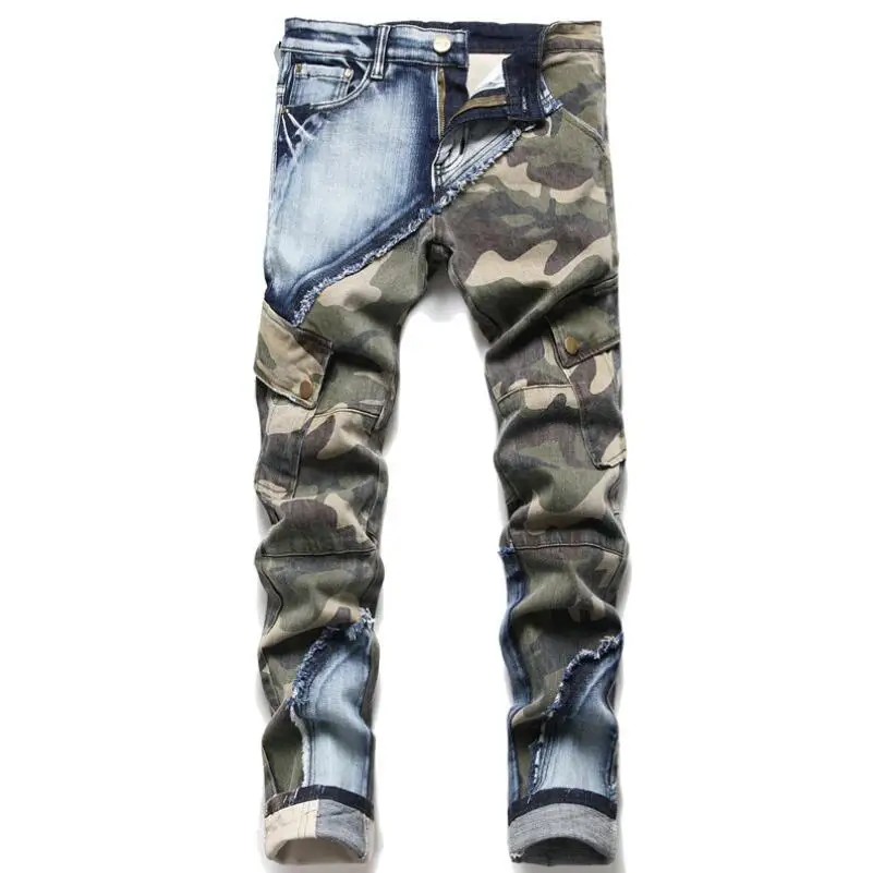 

Men's Jeans Vintage Distressed Camouflage Ripped PatchworkJeans Luxury Designer Slim Skinny Jeans Casual Denim Pants Men w729