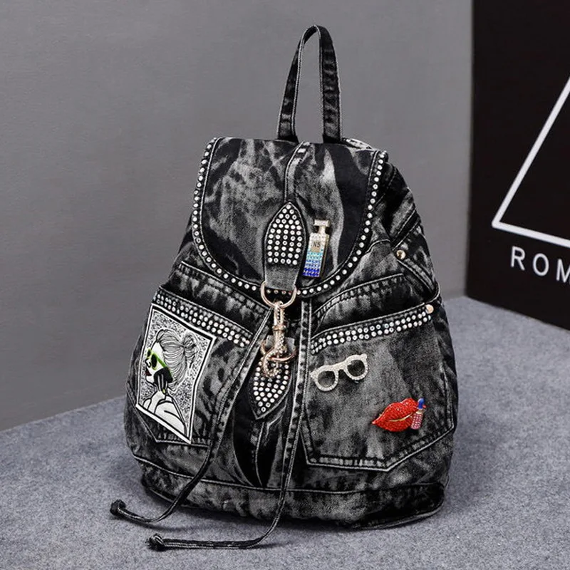 New Moto & Biker Backpacks For Women Luxury Designer Two Shoulder Purses In Denim Washing Process Vintage Jeans Shoulder Bag