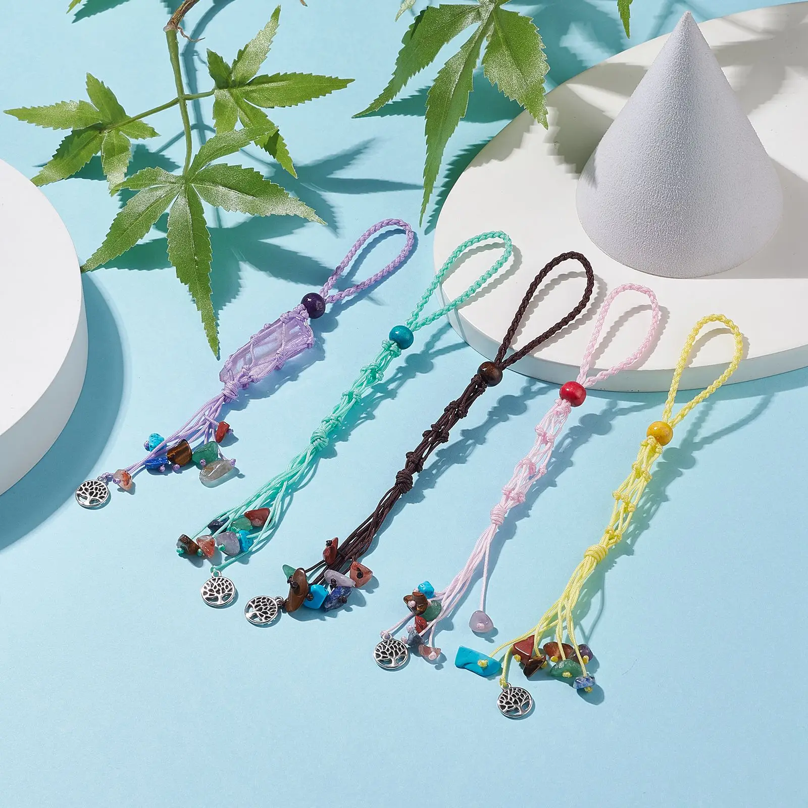 25pcs Braided Nylon Cord Macrame Pouch Pendant Keychain with Tumbled Gemstone Beaded Hanging Ornament for Lanyrad Jewelry Making