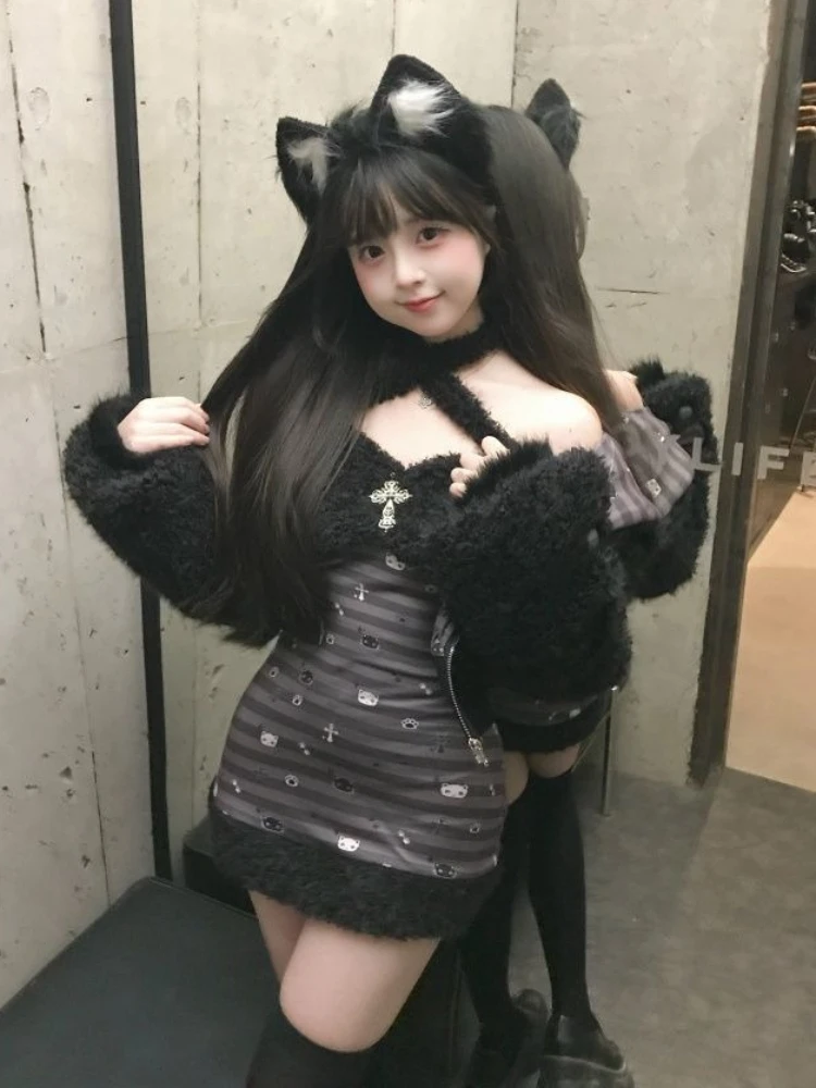 

Women's Hepburn Gothic Spring Grey Striped Slim Dress Suit Vintage Designer Hot Girl Darkly Punk Cross Dresses Tow-piece Set