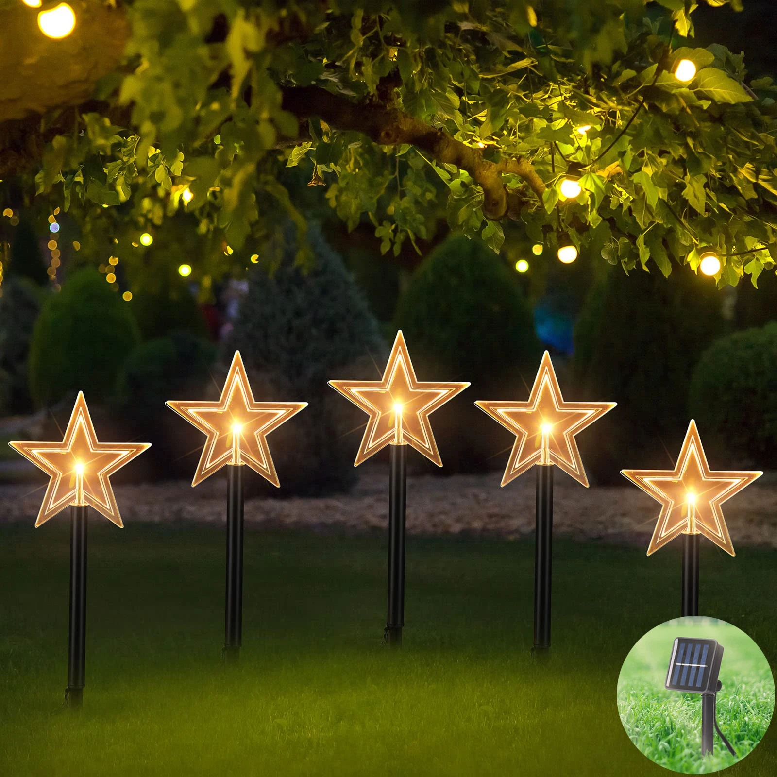 

Solar Outdoor Christmas Lights 5 piece Waterproof Landscape Star Snowflake Xmas tree Led Light For Lawn Street Garden Decoration