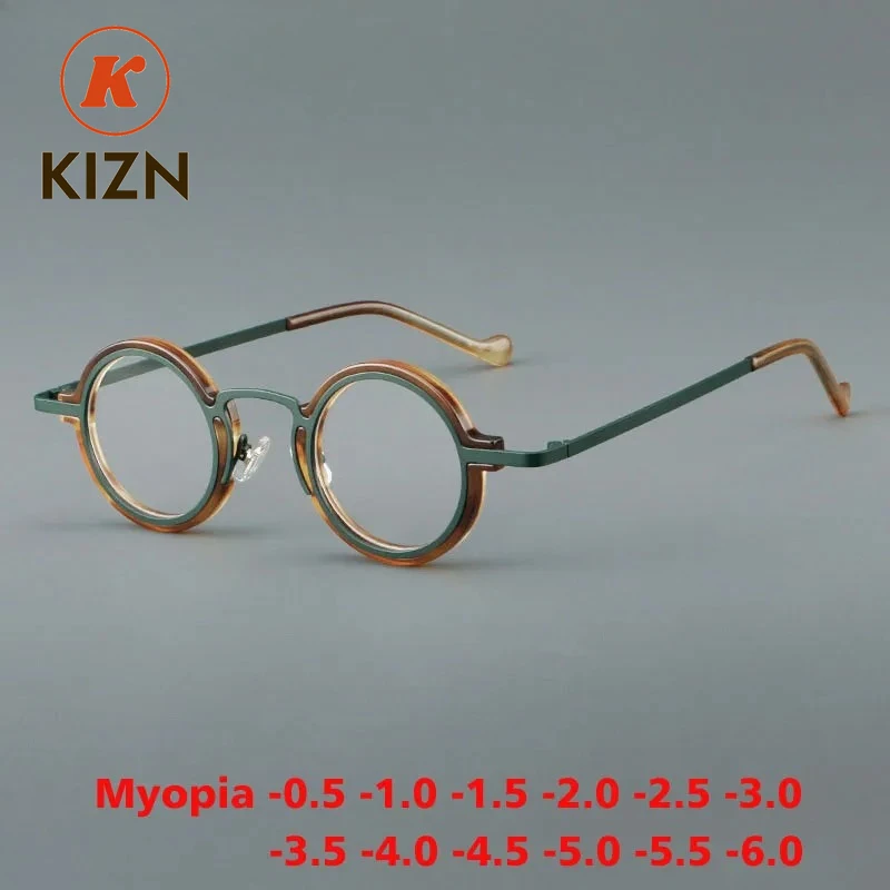 

KIZN спортивные анти-синий свет ацетат близорукость маленькие круглые очки для мужчин и женщин ретро металлические оправы очки по рецепту на заказ -0,5 ДО