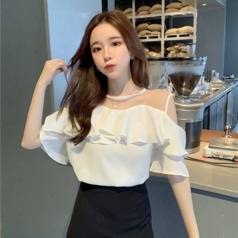 Women Chiffon Shirt Elegant Ruffles Tulle Patchwork Off Shoulder Solid Female Blouse Summer All Match New Chic Ladies Tops