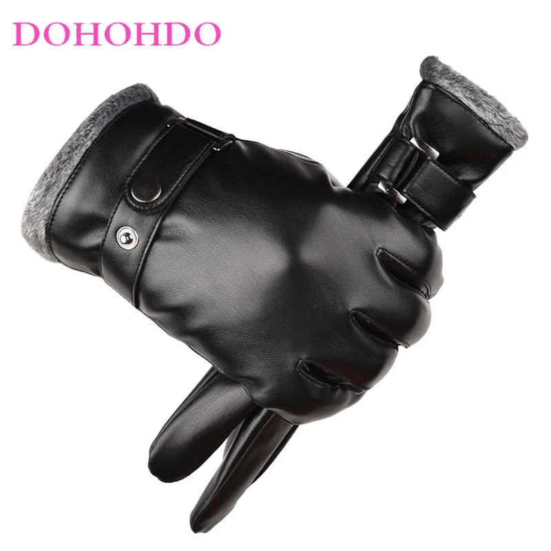 

Men's Winter Black PU Gloves Winter Accessories Touch Screen Windproof Driving Thick Waterproof Cotton Gloves Guantes Para Motos