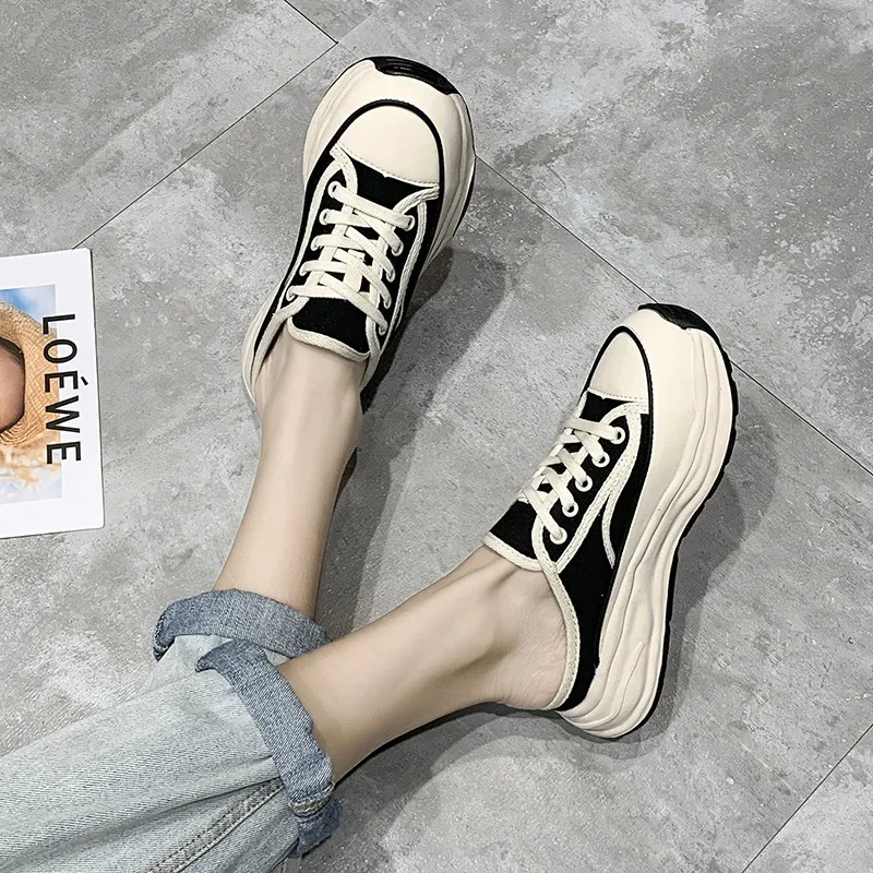 Ladies Slippers  Summer Baotou Half Slippers Woman\'s Versatile Casual Lace Up Canvas Sports Slippers Platform Shoes Outside