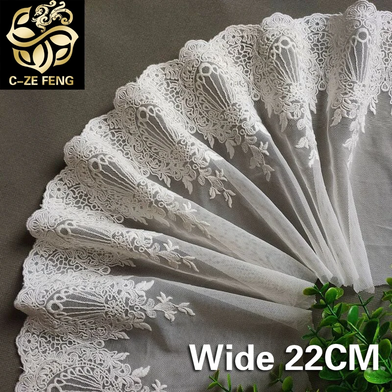 22CM Wide Luxury White Cotton Embroidered Fabric Fringe Lace Edge Trim Wedding Dress Collar Neckline Apparel DIY Sewing Decor