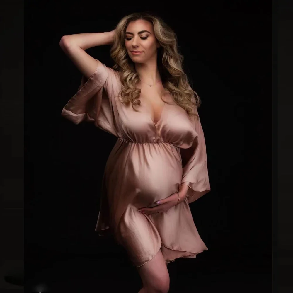 Batas de fotografía de maternidad para mujer, albornoz de satén suave, vestidos para sesión de fotos, falda de manga larga, vestido para mujer