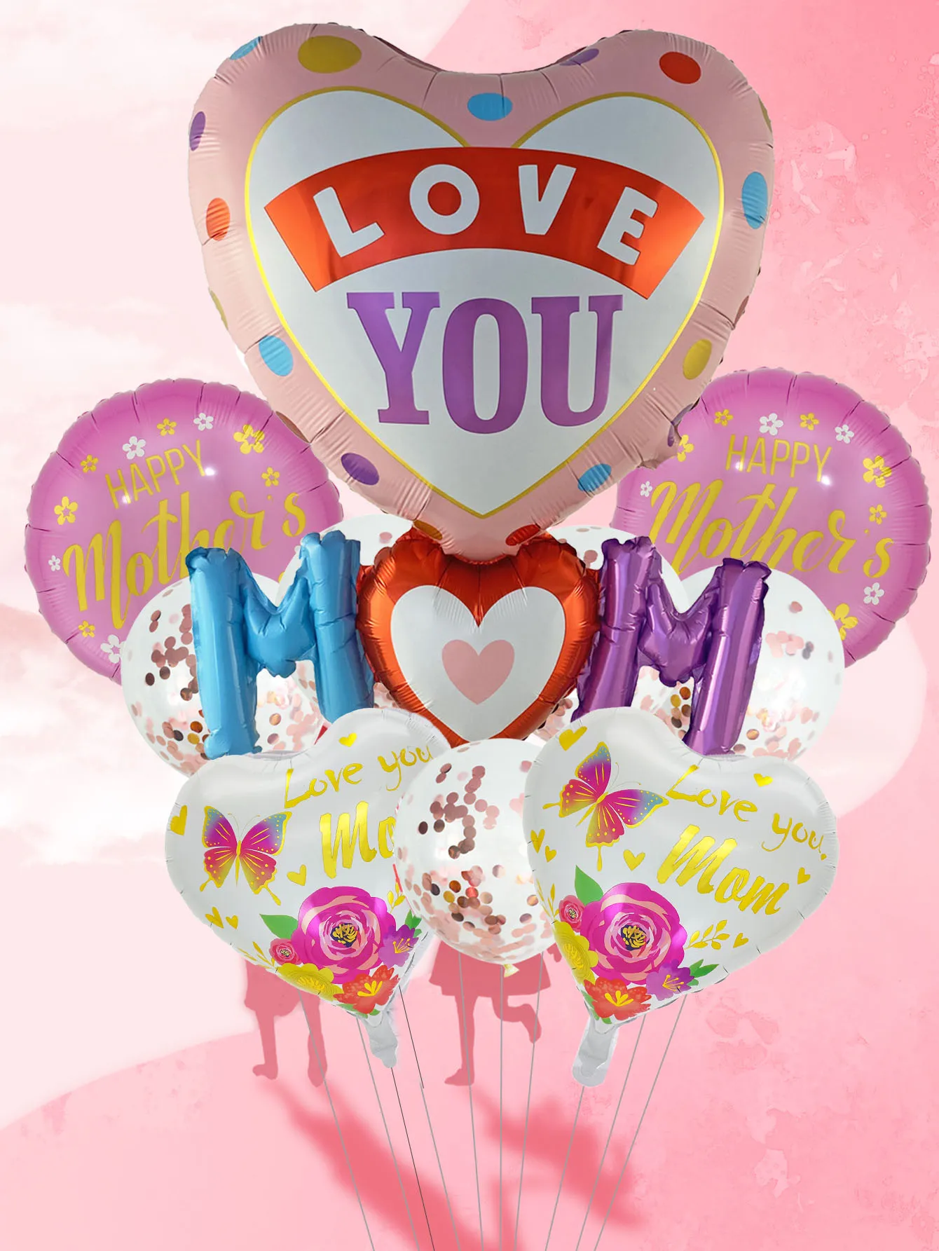10 Stück Ich Liebe Dich Mama Herz-Folienballons Set Muttertagsdekoration Muttertagsgeschenk