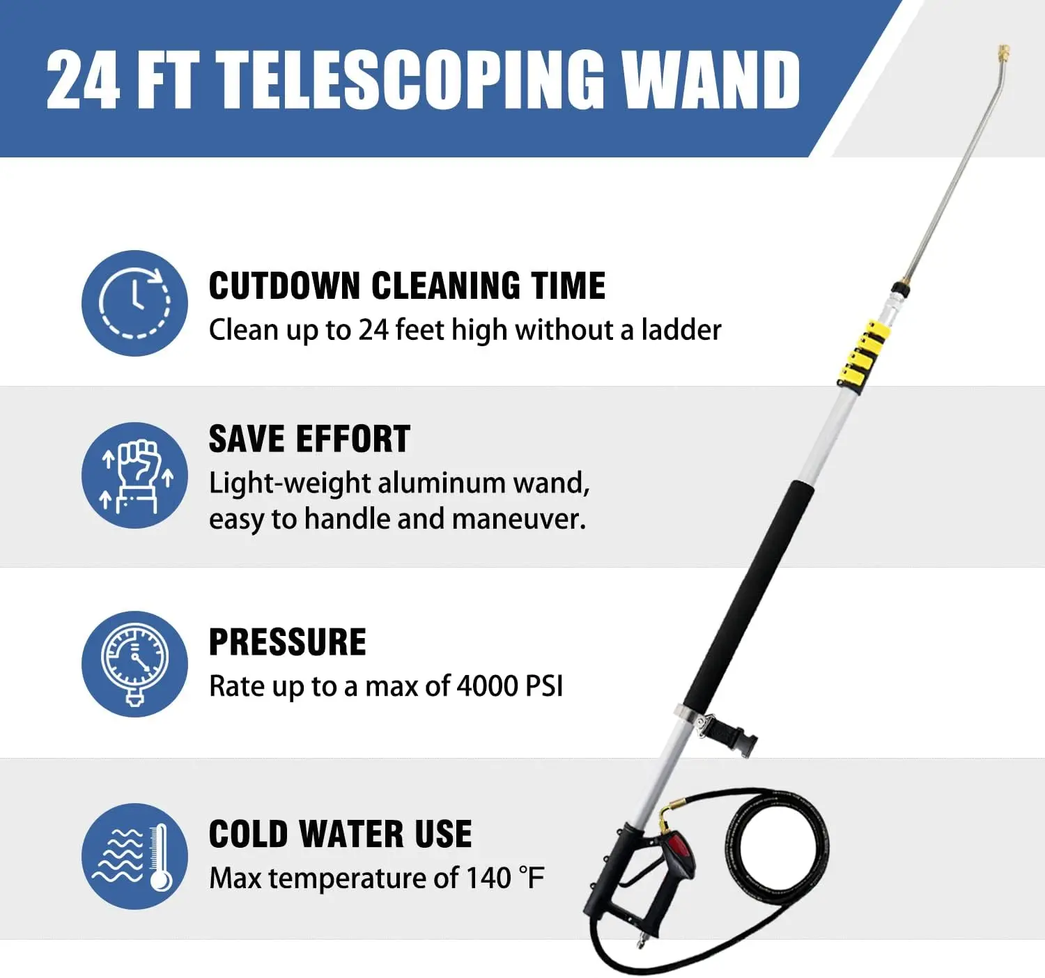 24 FT Pressure Washer Telescoping Wand with Power Washer Extension Wands, Brush Head, Gutter Cleaner