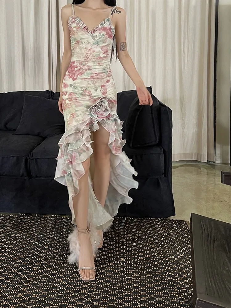 Handmade Flower Romantic Printed Short Front and Long Back Ruffled Spaghetti Straps Dress