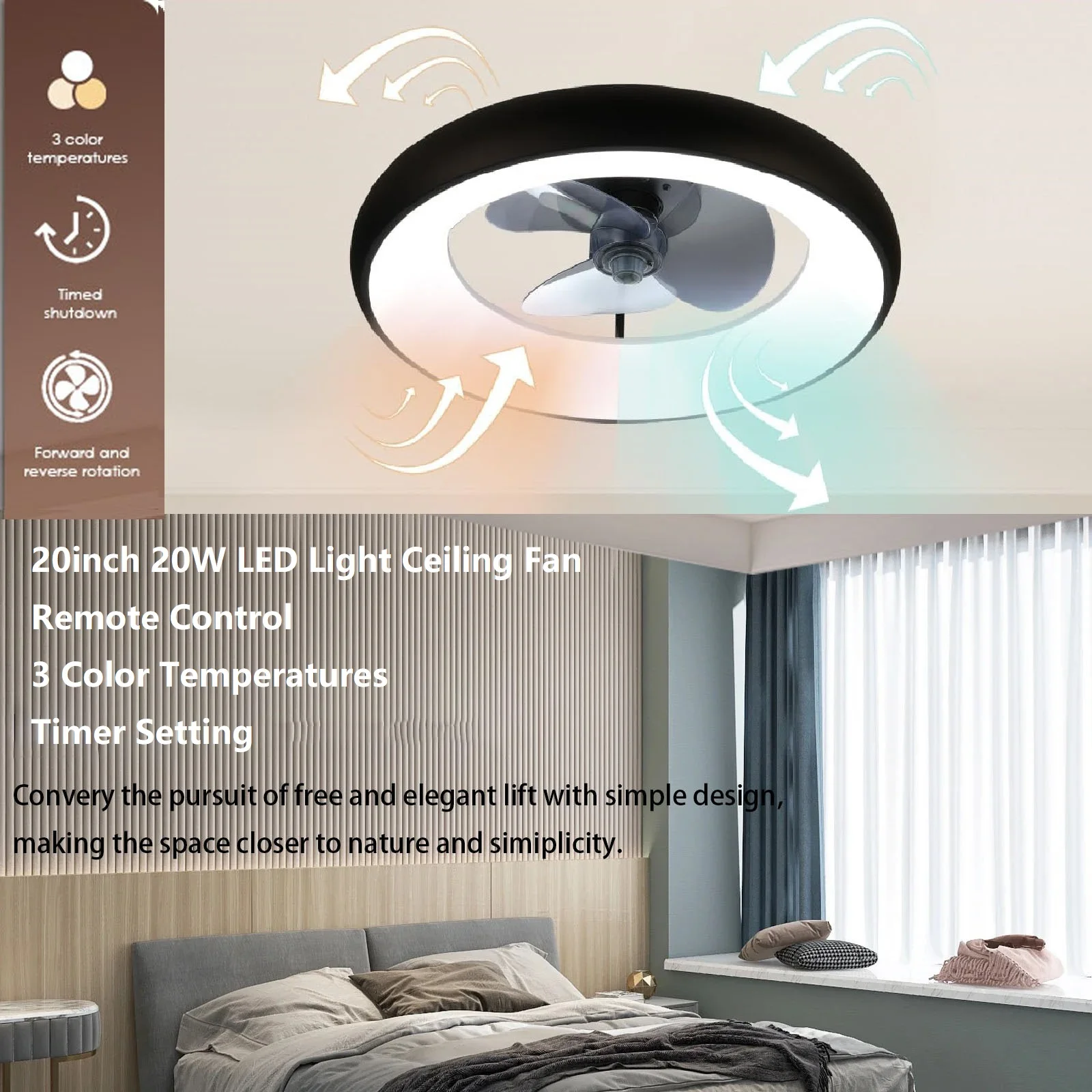 

Ceiling Fan with Led Lights Remote Control plafonnier led ventilateur Adjustable Color Temperature, Timer, Reversible Blades