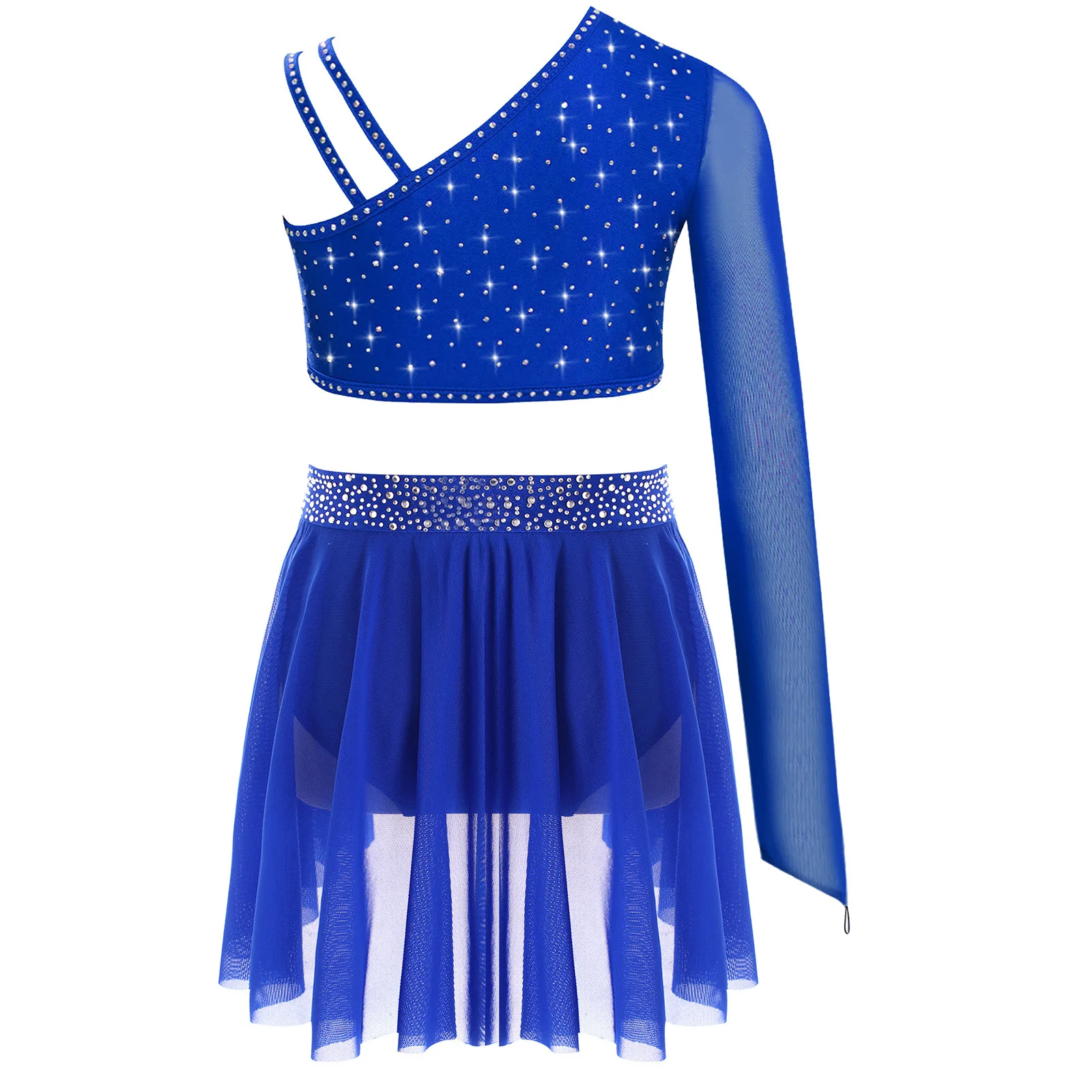 Kids Girls Lyrical Dance Costumes Sheer Mesh Long Sleeve Asymmetrical Shoulder Shiny Rhinestones Crop Top+Skirt Figure Skating