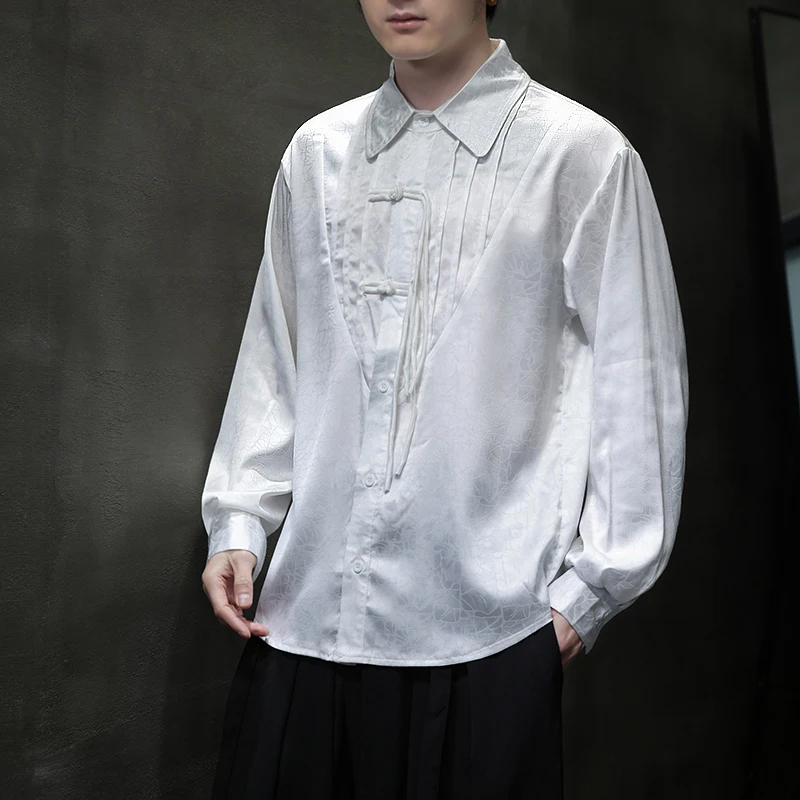 

M-XXXXXL Plus Size Men Luxury Satin Shirt with Tassel Frog Buttons Relaxed Fit Long Sleeve Blouse Featuring Notched Collar 5XL