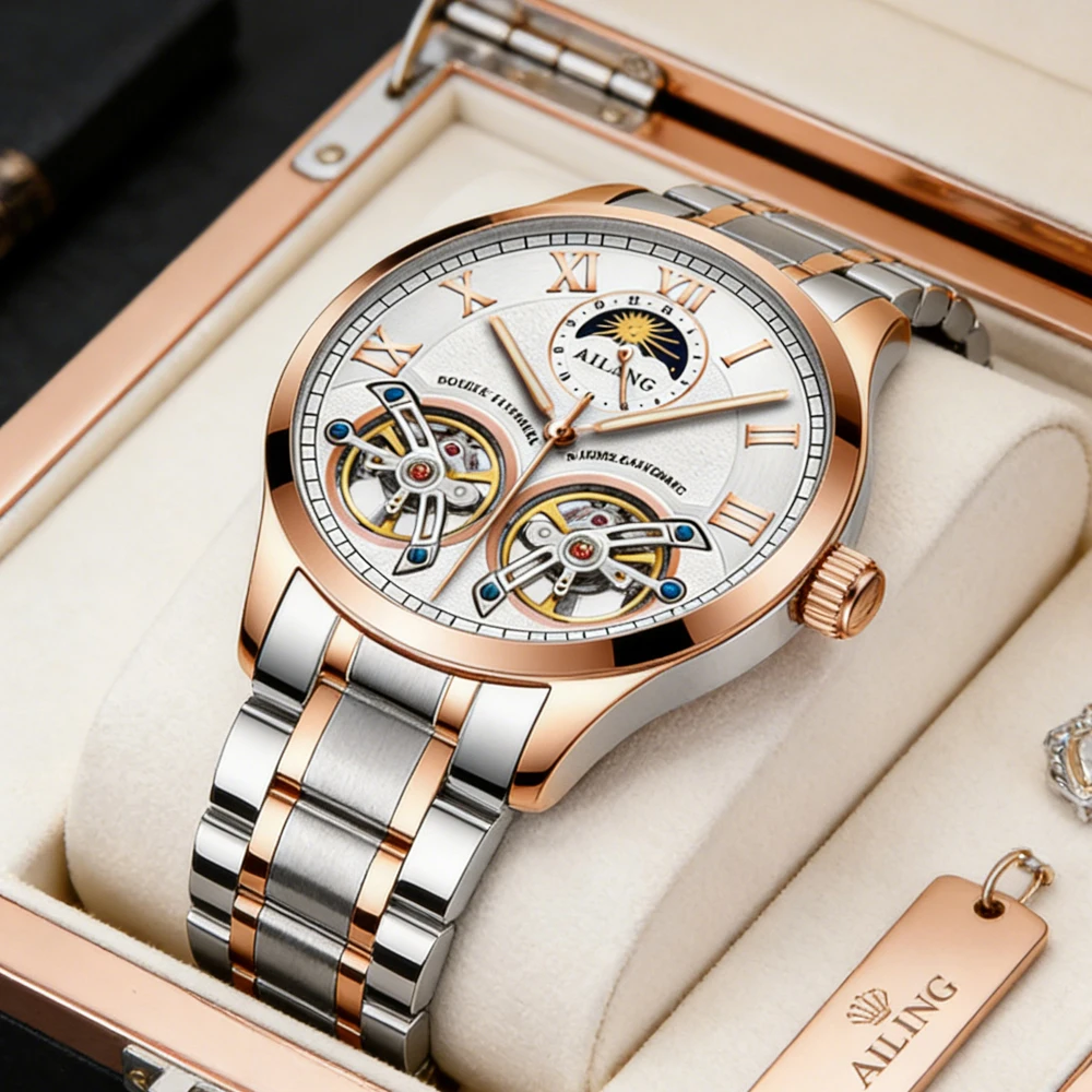 

Мужские механические часы AILANG Fashion Moon Phase с двойным турбийоном, водонепроницаемые, спортивные, деловые наручные часы класса люкс