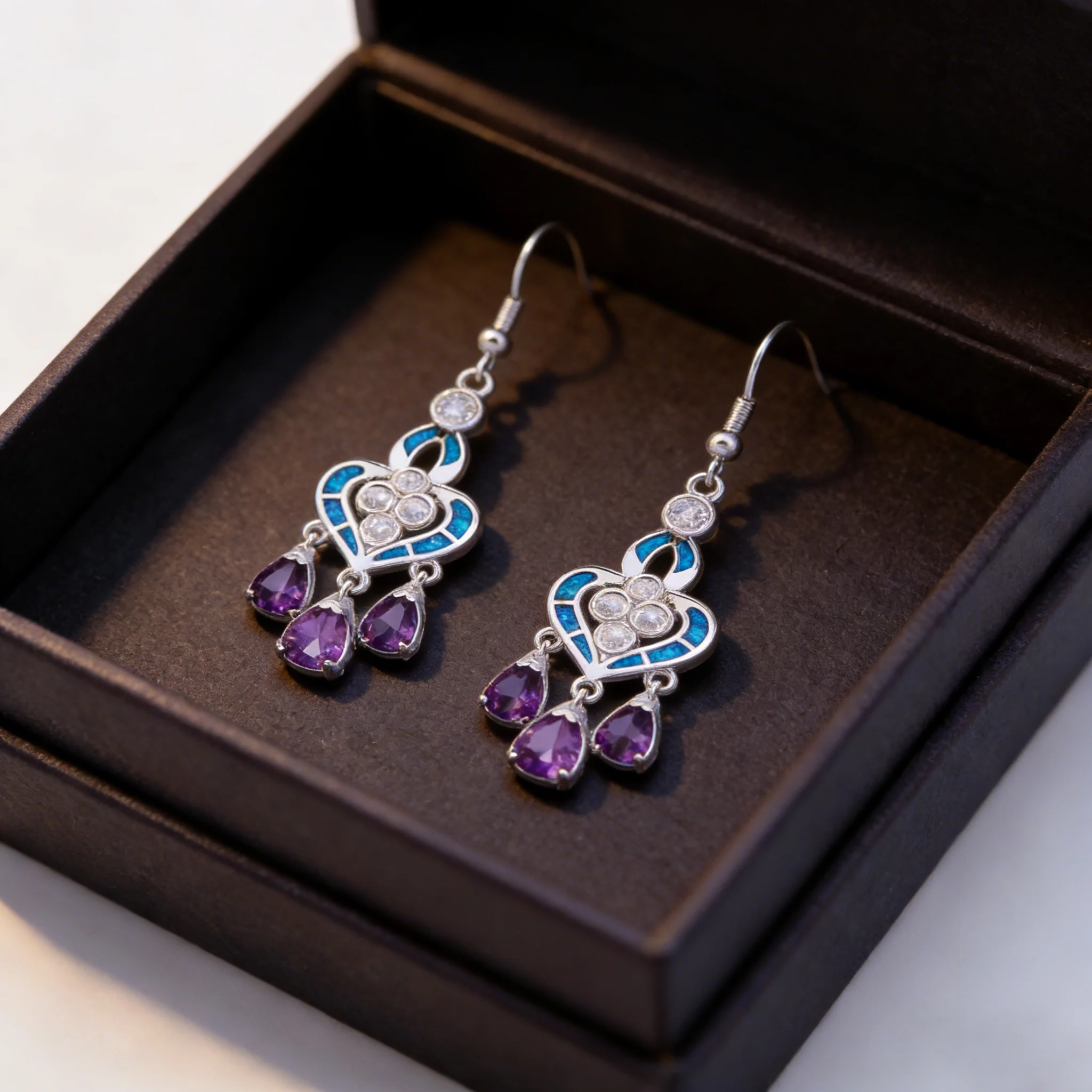Heart Shape Earrings with Blue Opal and Lavender Drop Gems,Boho Chic Dangle Earrings for Women,Hypoallergenic Statement Jewelry view 6